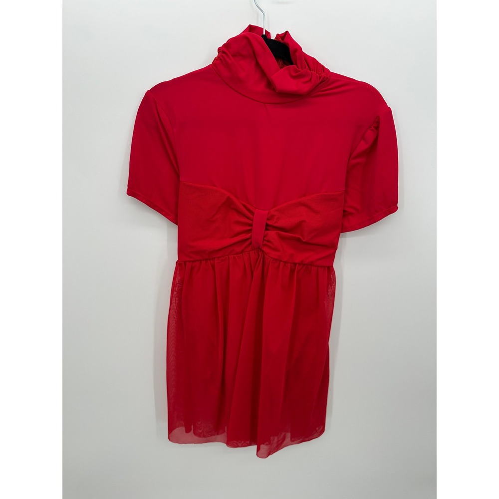 Vtg Just For Kix Red Dance Leotard Dress Mock Neck Mesh Bow Short Sleeve XL Adul
